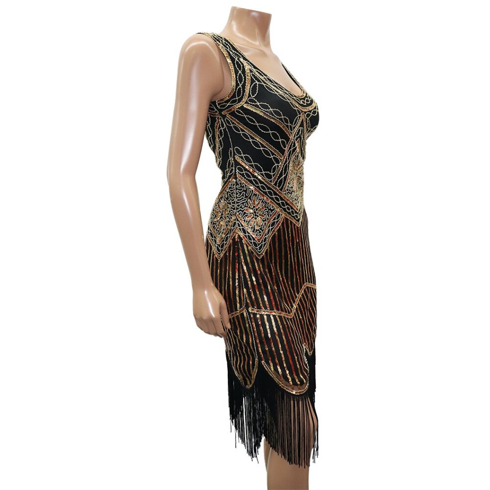 GLAM Art Deco Vintage Style Flapper Sequin Fringe Dress S